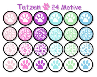 Digital cabochon templates, round, paws pastel white, 24 motifs, 12 & 25 mm, e.g. for cabochon jewelry