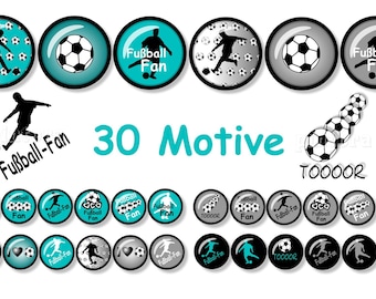 Digital cabochon templates 30 motifs turquoise for football fans, 25 mm size