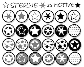 Digital cabochon templates, stars, black, white, 24 motifs, asterisks, star patterns, 12 & 25 mm in size