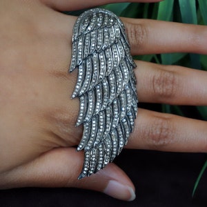 Feather Shaped Natural Pave Diamond Full Finger Ring Handmade 925 Sterling Silver Fashion Jewelry Christmas GIFTS