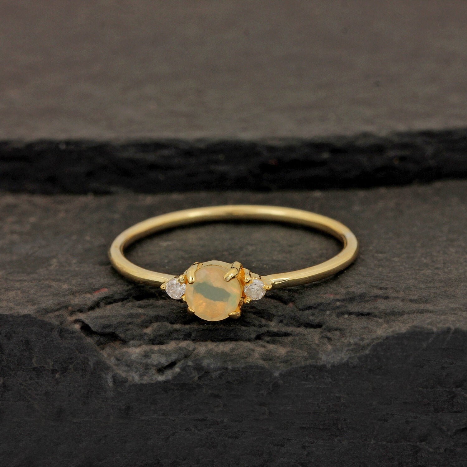 Real Diamond Ethiopian Opal Gemstone Delicate Ring Solid 14k - Etsy