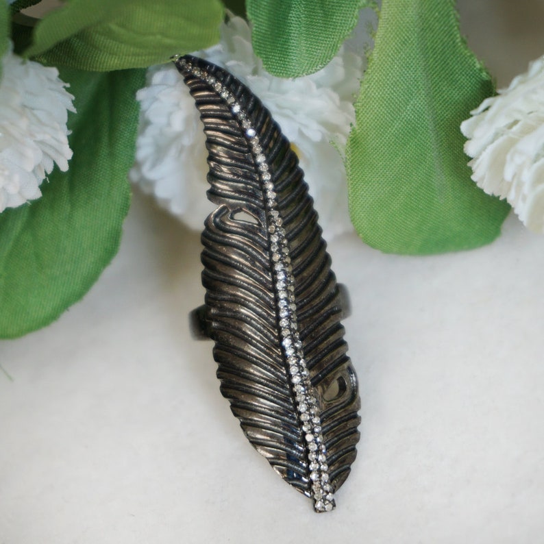 Feather Shaped Natural Pave Diamond Full Finger Ring Handmade 925 Sterling Silver Fashion Jewelry Christmas GIFTS