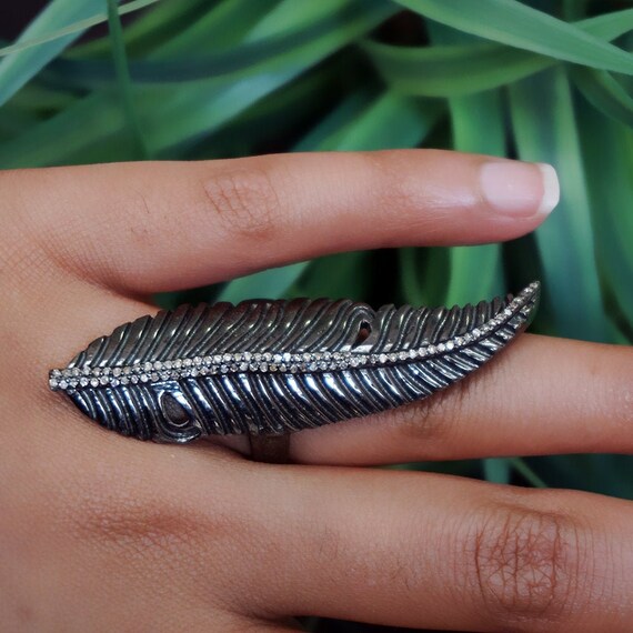 Feather Shaped Natural Pave Diamond Full Finger Ring Handmade 925 Sterling Silver Fashion Jewelry Christmas GIFTS