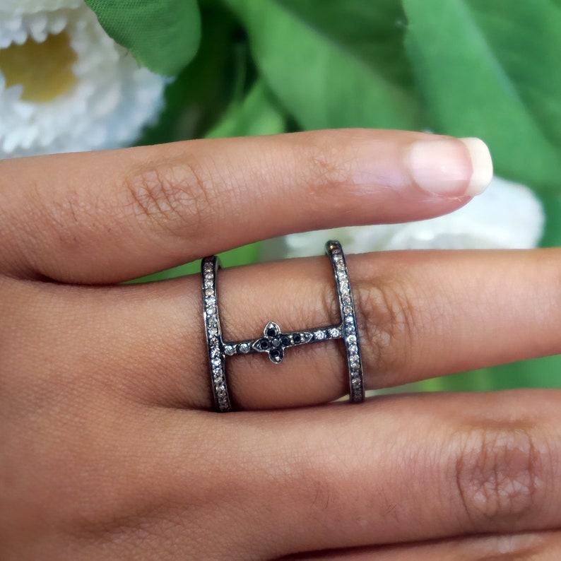 Handmade Genuine Pave Black Diamond Double Band Ring Solid 925 Sterling Silver Cross Ring Fashion Jewelry Christmas GIFTS