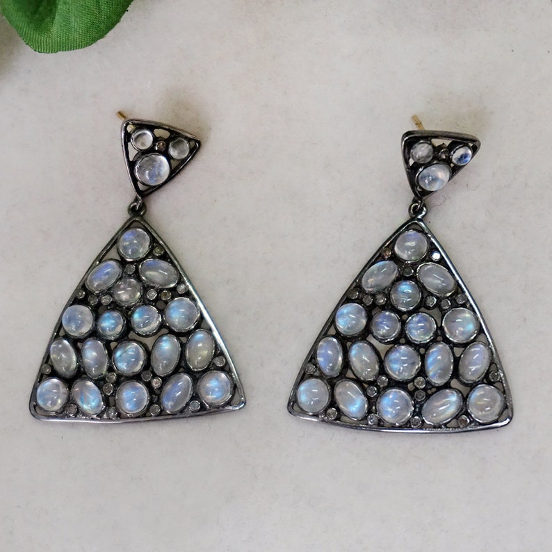 Handmade Natural 20.06 Ct Rainbow Moonstone Triangle Dangle Earrings 14k Yellow Gold 925 Sterling Silver Gemstone Valentine Jewelry Gifts