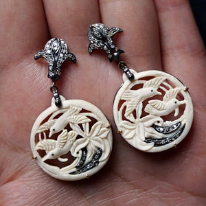 Pave Diamond Gemstone Birds Carving Dangle Earrings 14k Yellow Gold 925 Sterling Silver Wedding Handmade Carved Jewelry Christmas Gift