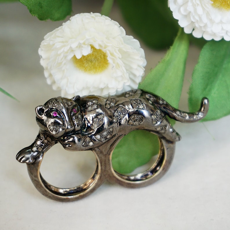 Genuine Pave Diamond Ruby Double Finger Leopard Ring 14k Gold Silver 925 Tiger Animal Handmade Jewelry Gifts