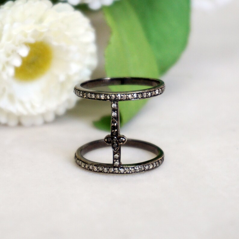 Handmade Genuine Pave Black Diamond Double Band Ring Solid 925 Sterling Silver Cross Ring Fashion Jewelry Christmas GIFTS
