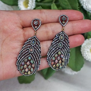 Pave Diamond Gemstone Birds Carving Dangle Earrings 14k Yellow Gold 925 Sterling Silver Wedding Handmade Carved Jewelry Christmas Gift