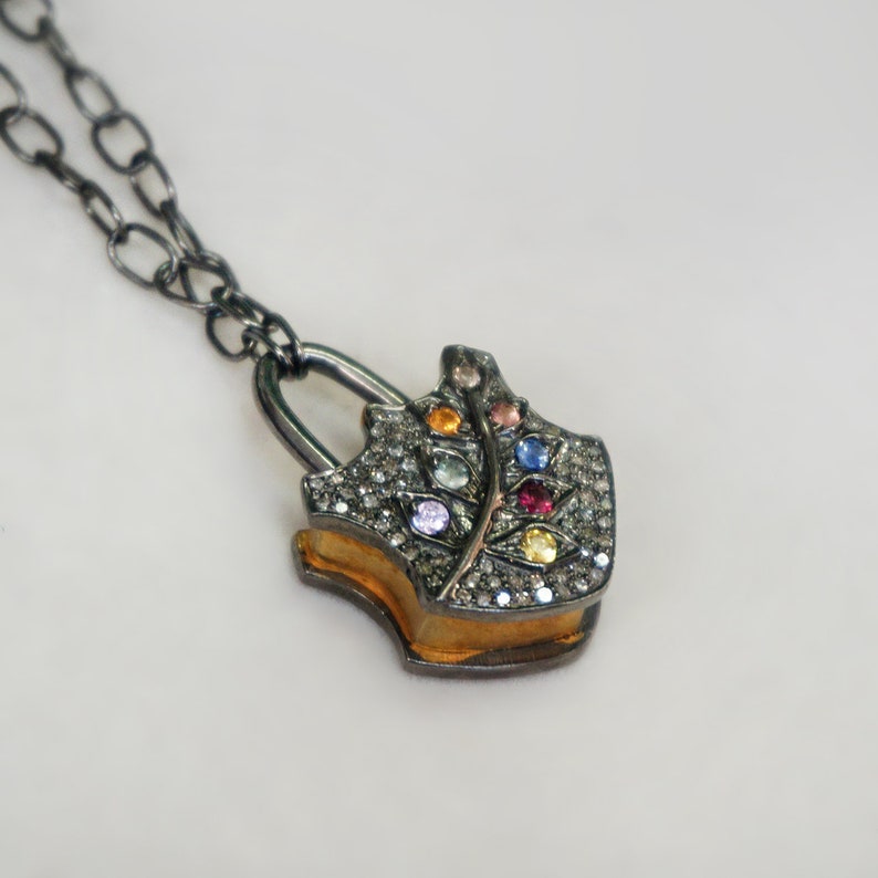 Real Natural Multi Sapphire Gemstone Pave Diamond Designer Leaf Padlock Pendant 925 Sterling Silver Necklace Jewelry Valentine Gift For Her