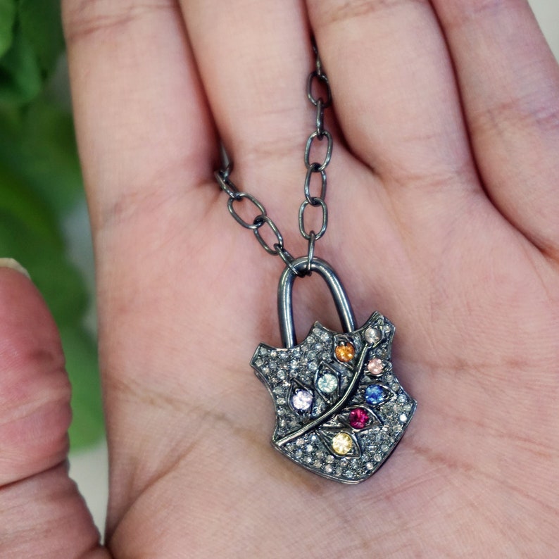 Real Natural Multi Sapphire Gemstone Pave Diamond Designer Leaf Padlock Pendant 925 Sterling Silver Necklace Jewelry Valentine Gift For Her