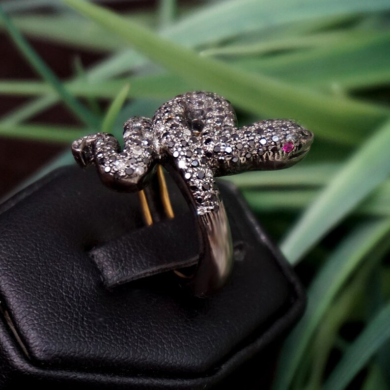 Real 1.19 Ct Black Diamond Snake Ring 14k Yellow Gold 925 Etsy