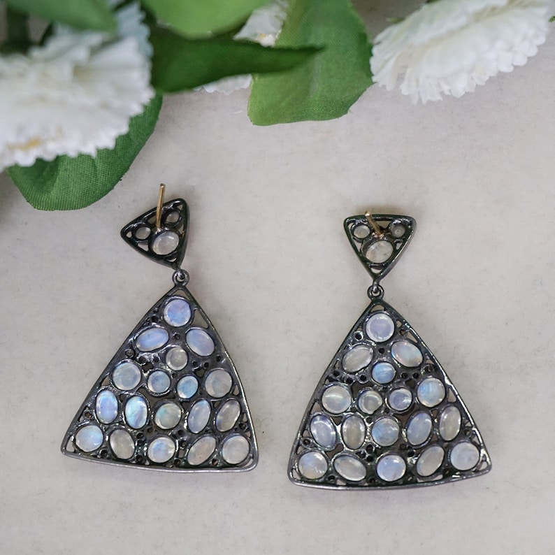 Handmade Natural 20.06 Ct Rainbow Moonstone Triangle Dangle Earrings 14k Yellow Gold 925 Sterling Silver Gemstone Valentine Jewelry Gifts
