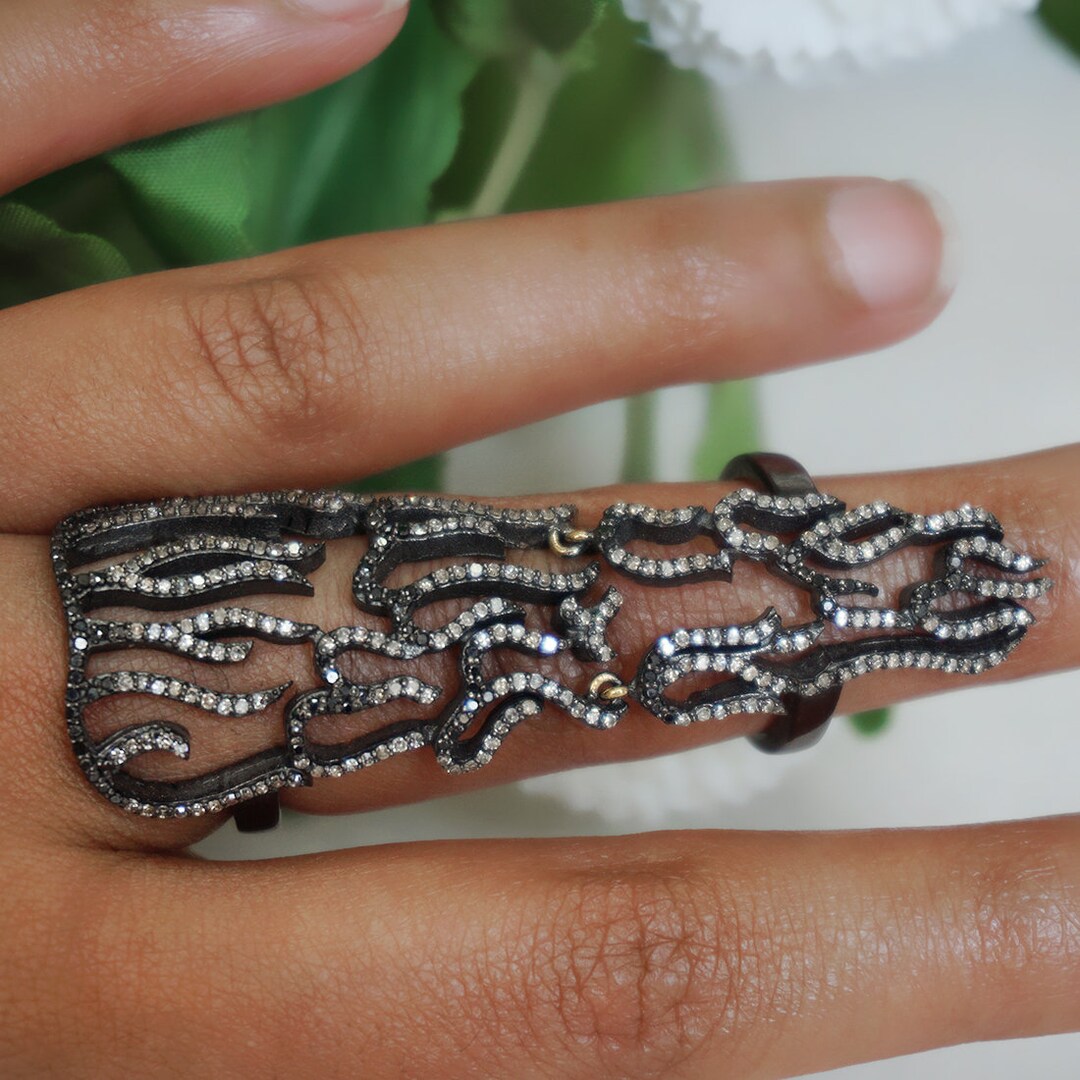 Natural Black Diamond Full Finger Knuckle Ring Handmade 14k Etsy