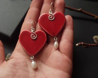 Earrings "Heavy Heartbeat" Hearts Heart Ceramic Ceramic Pearls Freshwater Pearls Love Gift