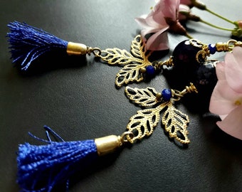 Earrings "Night Leaves" Achat Glass Beads Earrings Leaf tassel blue agate gold earrings