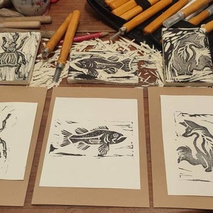 Klappkarten -Set 3 Stück mit Umschlag handgeschnitzte Stempel Fuchs Fisch Käfer Druck Recycling Papier
