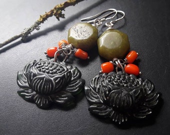 Earrings "Lotus Love" Lotus Lotus Jade buddhism hinduism Coral silver hooks symbol