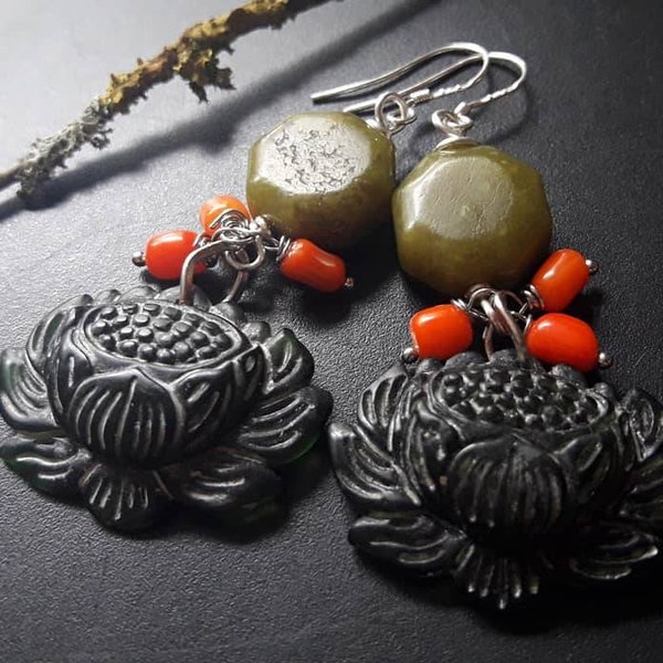 Ohrringe "Lotos Love" Lotus Lotosblume Jade buddhismus hinduism Coral silver hooks symbol