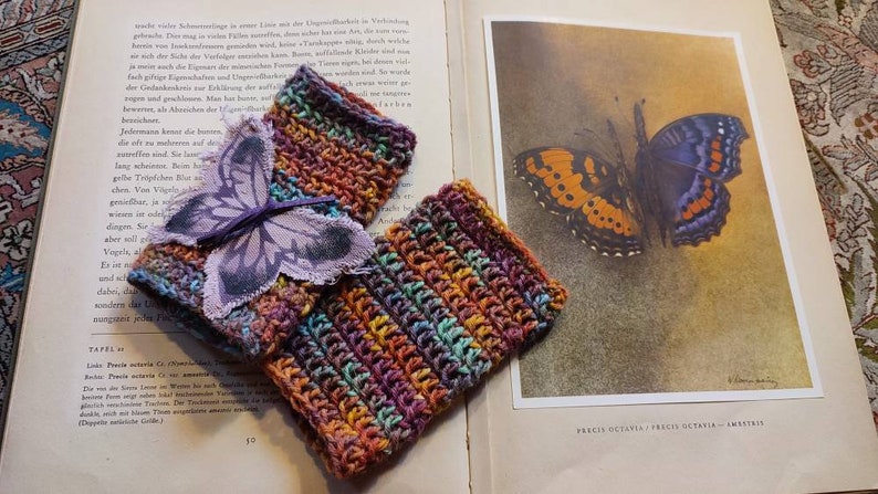 Arm warmers Mariposa crocheted rainbow virgin wool butterfly warm winter autumn image 2