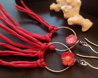 Earrings "Gift from a Geisha" Coral Silk Silver wirework Silver Wire Flower Flower Red Hoops