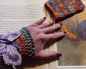 Arm warmers "Mariposa" crocheted rainbow virgin wool butterfly warm winter autumn