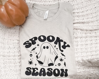 Spooky Season Tee | Halloween T Shirt | Groovy | October | Gifts for Her | Fall | Women's | Minimalistic | Ghost | Spider | Bat | Holiday