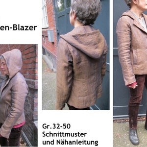 May include: A brown hooded blazer with a button closure. The blazer is made of a textured fabric and has a relaxed fit. The text "Ebook Kapuzen-Blazer 'Kaja'" is visible in the top left corner of the image. The text "Gr. 32-50 Schnittmuster und Nähanleitung" is visible in the bottom center of the image.