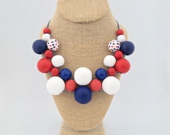 Red, white & blue wood bead statement necklace