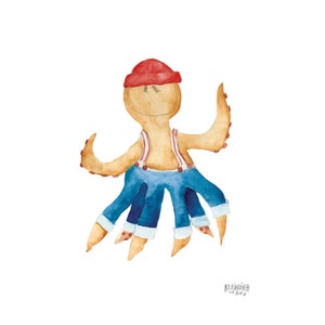 Children&#39;s picture, picture for nursery, squid octopus, hipster, illustration for baby & child, for birth, baptism, birthday, watercolor, A4