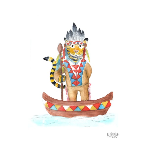 Kinderbild Indianer Tiger, Tier Illustration, Bild für Kinderzimmer, für Baby & Kind, zur Geburt, Taufe, Geburtstag, Aquarell, A4