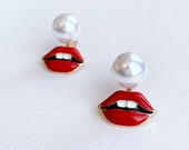 Red Lipstick and Pearl Charm Drop Earrings, statement earrings, faux pearls, enamel jewelry, aesthetic earrings, avant garde lips