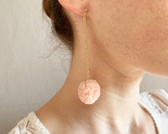 Adorable Airy Pink Pouf Charm Gold Chain Drop Earrings, korean coquette aesthetic earrings, pastel jewelry, kawaii earrings