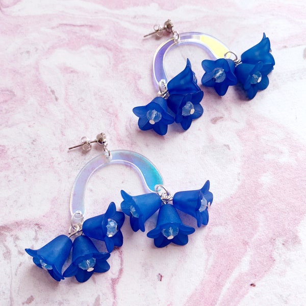 Bluebell Iridescent Arch Floral Statement Earrings, woodland flowers, lily of the valley, oversize blue fairy flower jewelry