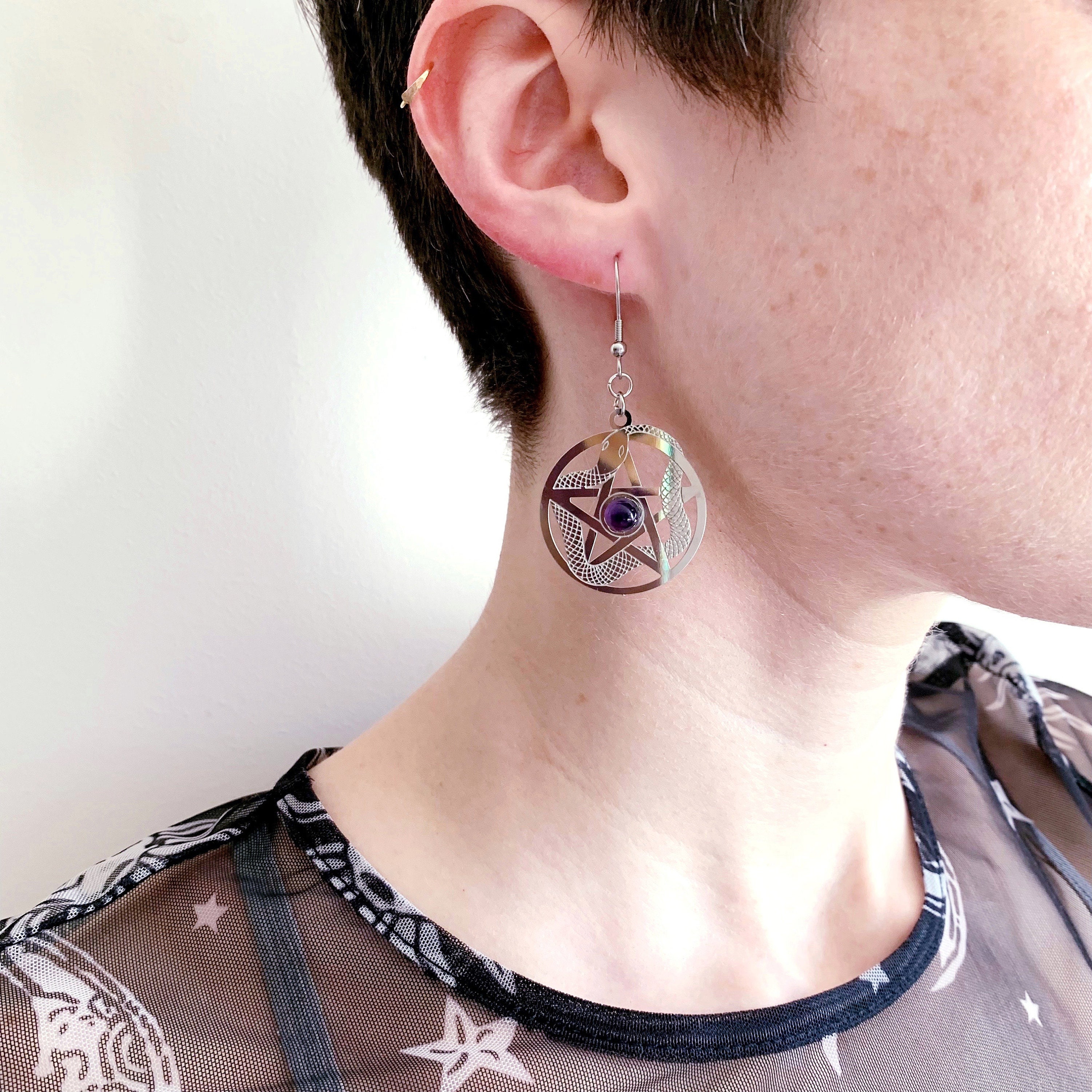 REDSUN Gothic Ohrringe 925 Sterling Silber - Schlange Pentagramm Design Für Männer & Frauen