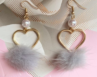 Korean Style Gold Heart Earrings, Pearl & Fluff Drop, Jewelry
