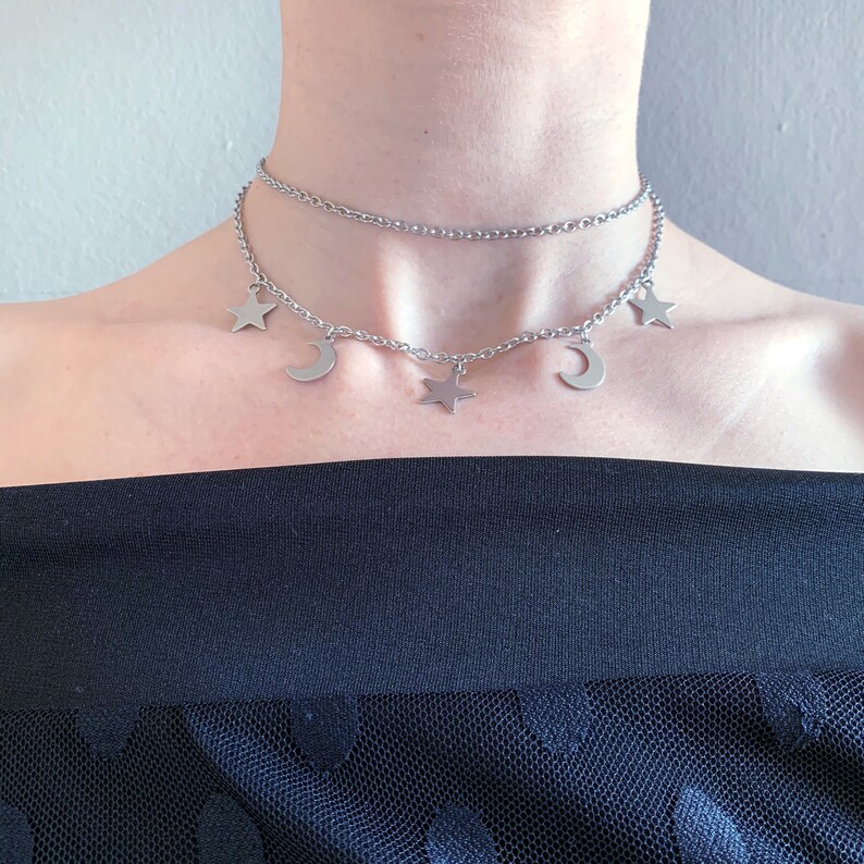 choker necklace moon necklace celestial necklace Stainless Steel Celestial Moon and Star Charms Layered Choker Necklace layered necklace
