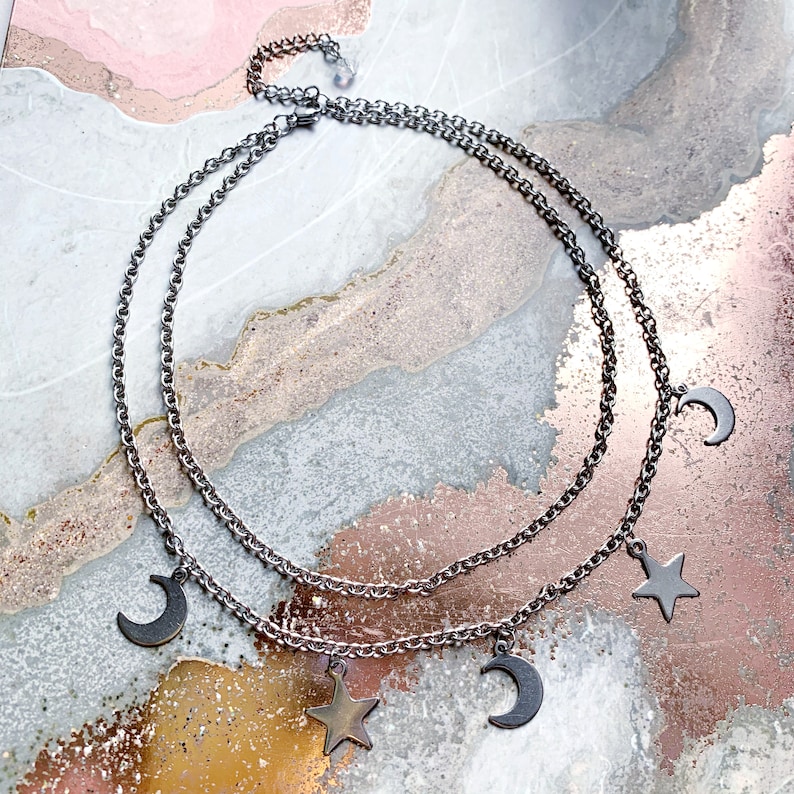 choker necklace moon necklace celestial necklace Stainless Steel Celestial Moon and Star Charms Layered Choker Necklace layered necklace