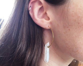 Handmade Quartz Point Hoop Earrings: Geometric Crystal Jewelry