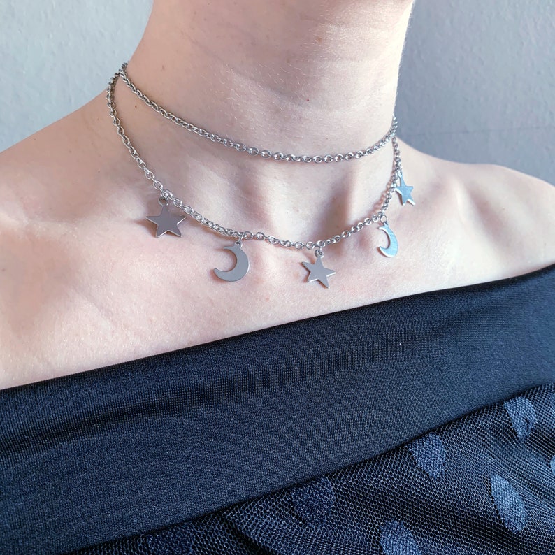 choker necklace moon necklace celestial necklace Stainless Steel Celestial Moon and Star Charms Layered Choker Necklace layered necklace