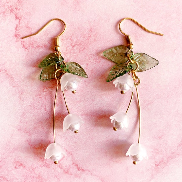 Lily of the Valley Fairycore Woodland Flowers Drop Earrings, dainty floral jewelry, spring summer fashion delicate pastel fairy flower cute