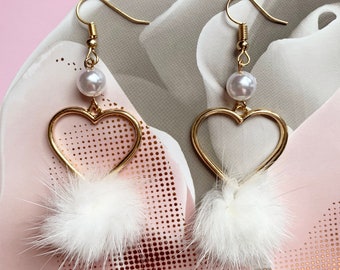 Adorable Korean Style Gold Heart and Pearl and Fluff Drop Earrings,  aesthetic earrings, korean fashion, korean earrings, aesthetic jewelry