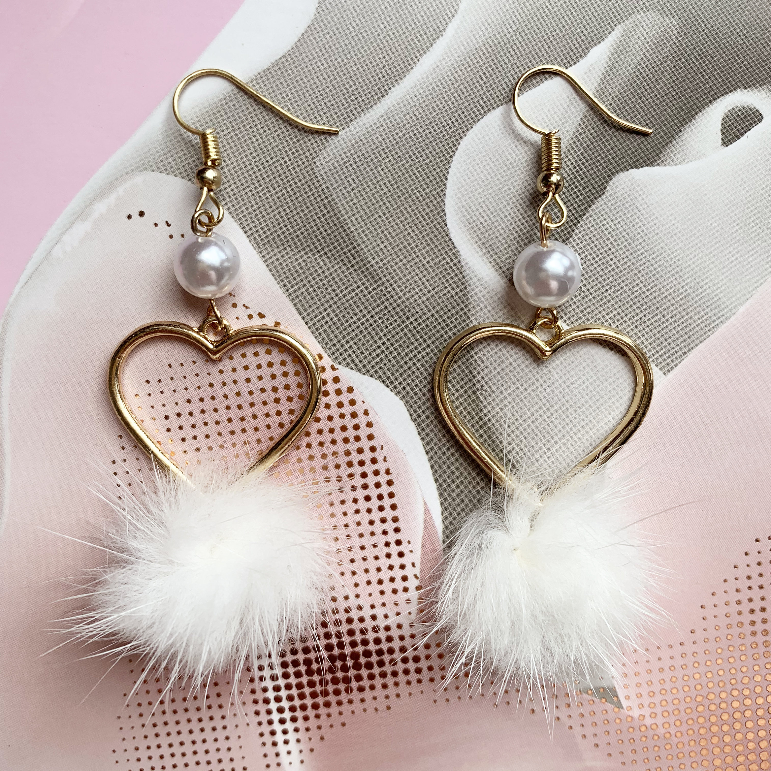 [Golden dew] 韓国☆18K Gold☆Happy heart 2 earring Adorable Korean Style Gold Heart and Pearl and Fluff Drop