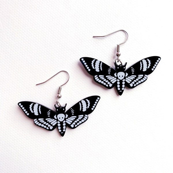 Deathshead Hawkmoth Black Acrylic Charm Earrings, goth alternative fashion jewelry, gothic moth earrings