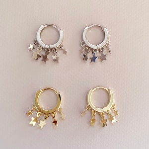 Sterling Silver Star Drop Huggie Hoops: Gold Plated Minimalist Earrings