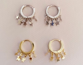 Sterling Silver and Gold Plated Silver Stars Drop Huggie Hoops, huggie hoops, mini hoop earrings, minimalist jewelry, aesthetic earrings