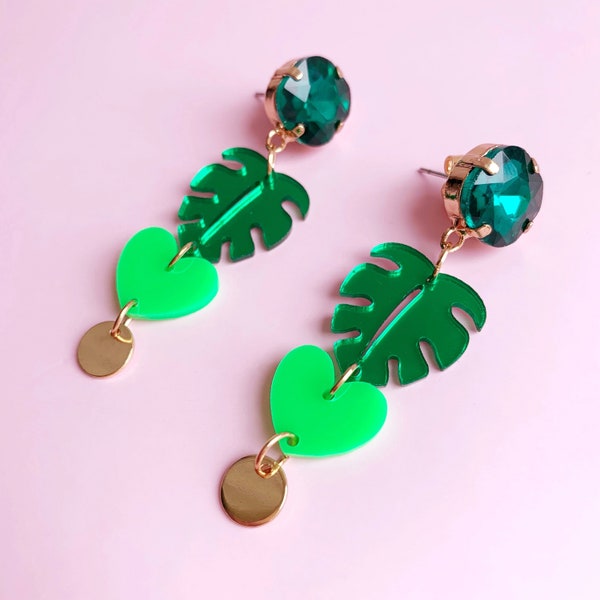 Nature Lover Plant Mom Green Medley Drop Earrings, monstera leaf plant jewelry, spring green earrings, trendy statement accessories