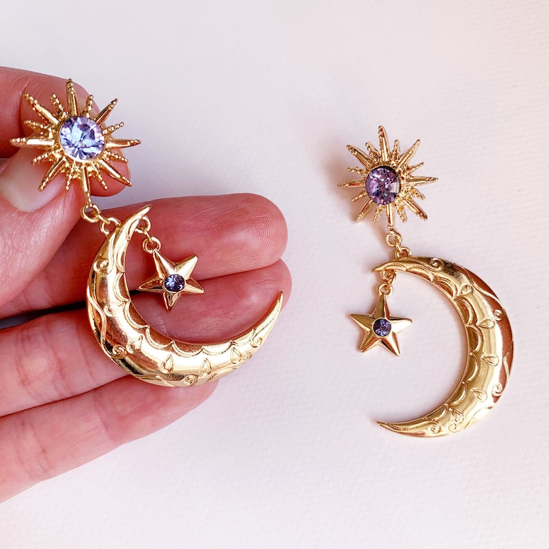 Oversize Moon and Star Gold Celestial Statement Drop Earrings Etsy