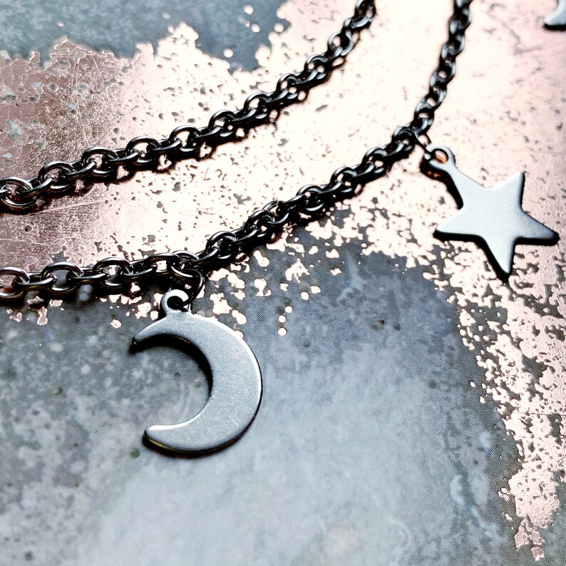choker necklace moon necklace celestial necklace Stainless Steel Celestial Moon and Star Charms Layered Choker Necklace layered necklace