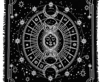 Moon Phases Pentagram Altar Cloth: Metallic Gold & Silver Print, Fringed Cotton